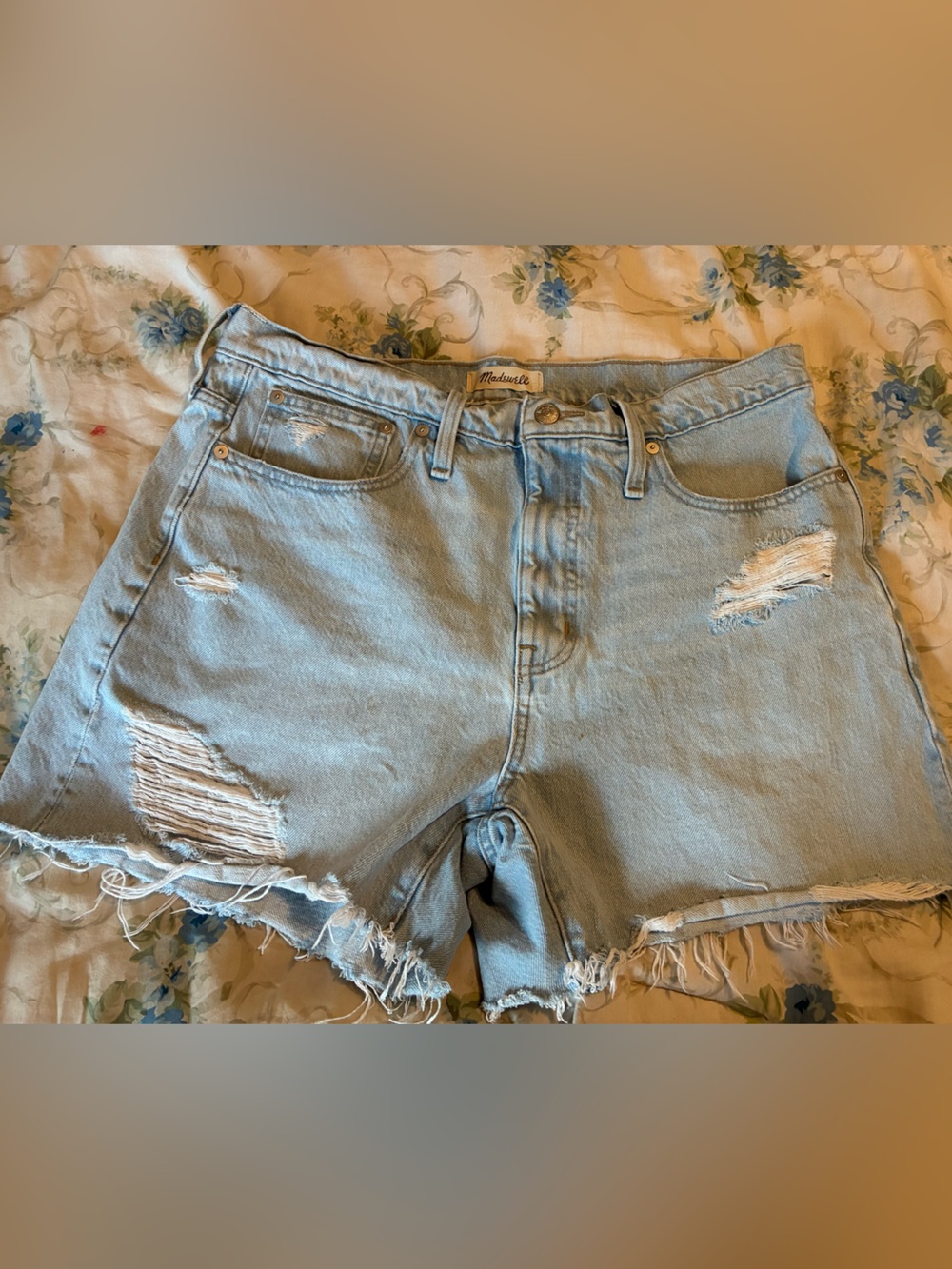 Madewell 100% Cotton Light Blue Distressed High-Rise Denim Shorts